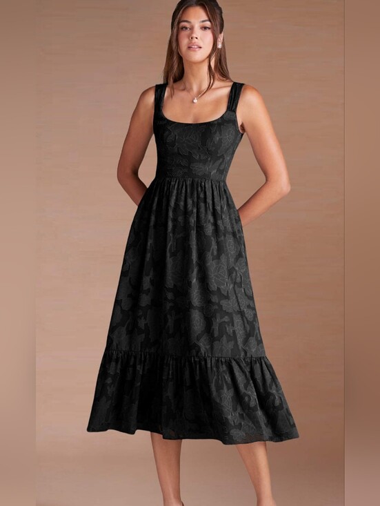 Azazie Dresses & Skirts - A-line Floral Midi Dress Square Neck Wedding Guest Summer Date Night Pockets